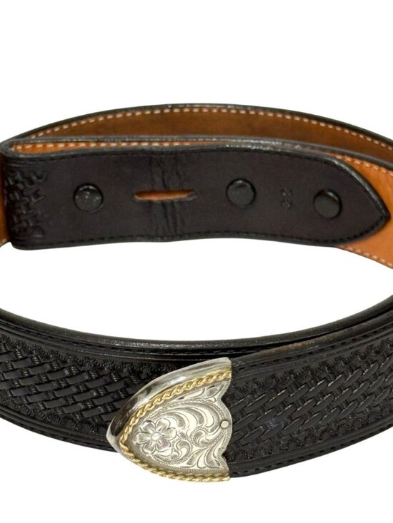 Blue Ribbon Tack Western Leather Belt Sterling Silver Overlay Buckle Tip Size 32